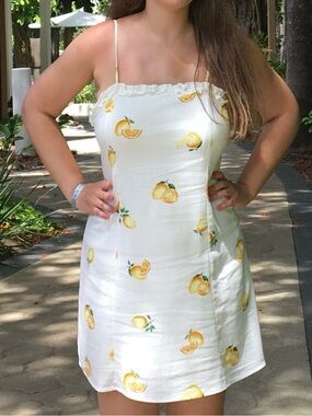 White Linen Lemon-Print Mini Dress - Sleeveless Summer Dress